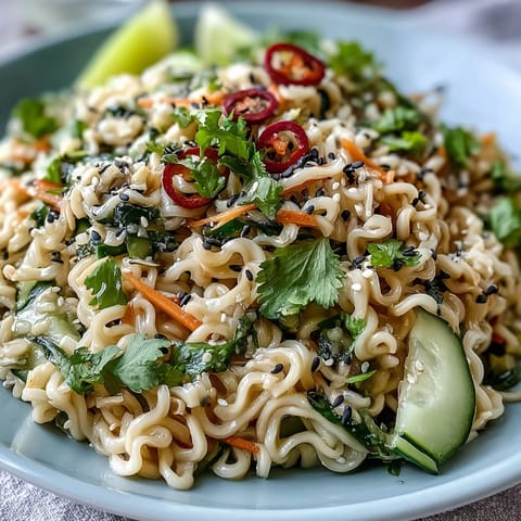 Cold sesame noodle bowl with cucumber, julienned veggies, and creamy sesame sauce for a refreshing meal.  