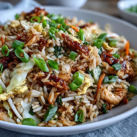 Freshly stir-fried Egg Roll Fried Rice with Chicken features tender chicken, crisp cabbage, and bright carrots piled high in a bowl.