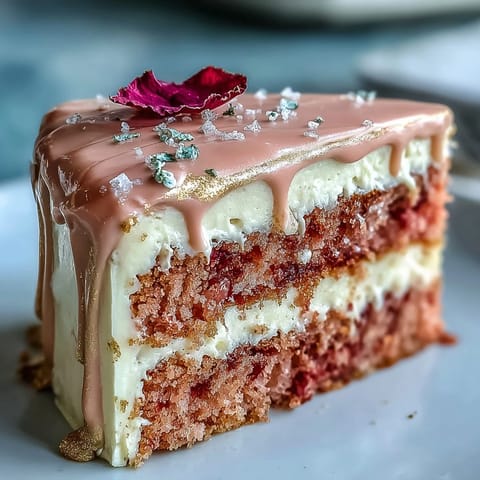 Shimmering gold drip cascades elegantly down this rosy velvet cake.