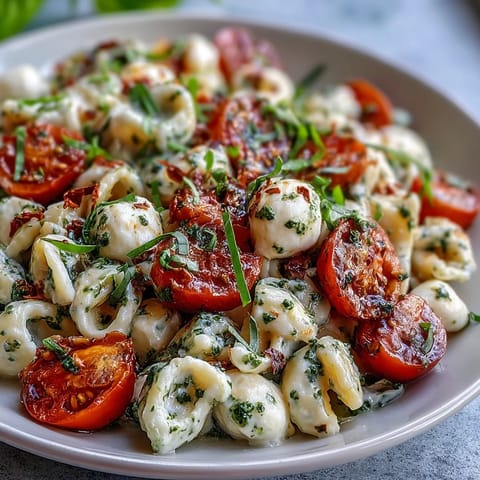 Vibrant Caprese Pasta Salad with juicy tomatoes and creamy mozzarella pearls.