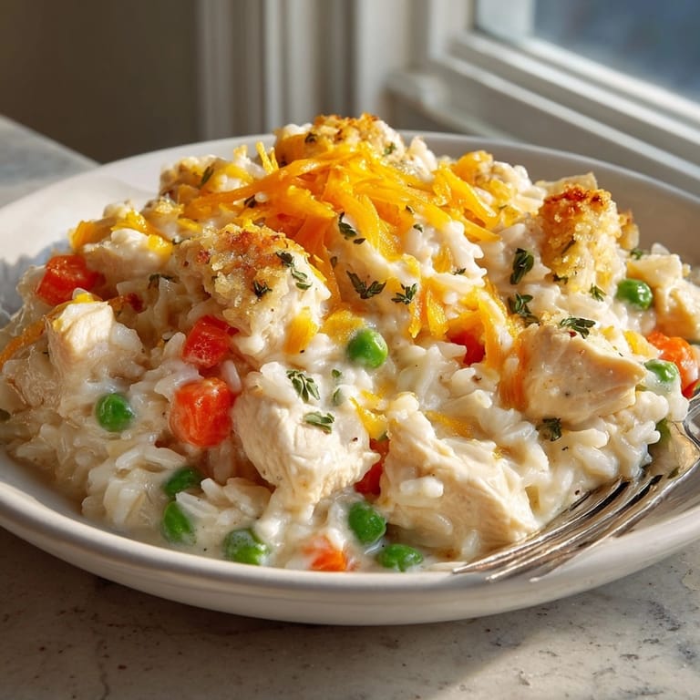 Close up of cheesy Creamy Chicken and Rice Casserole, ready to be served hot tonight.