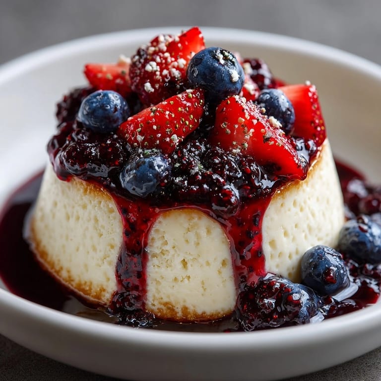 Silky Vanilla Bean Panna Cotta w/ berry sauce, a refreshing, flavorful summer treat.