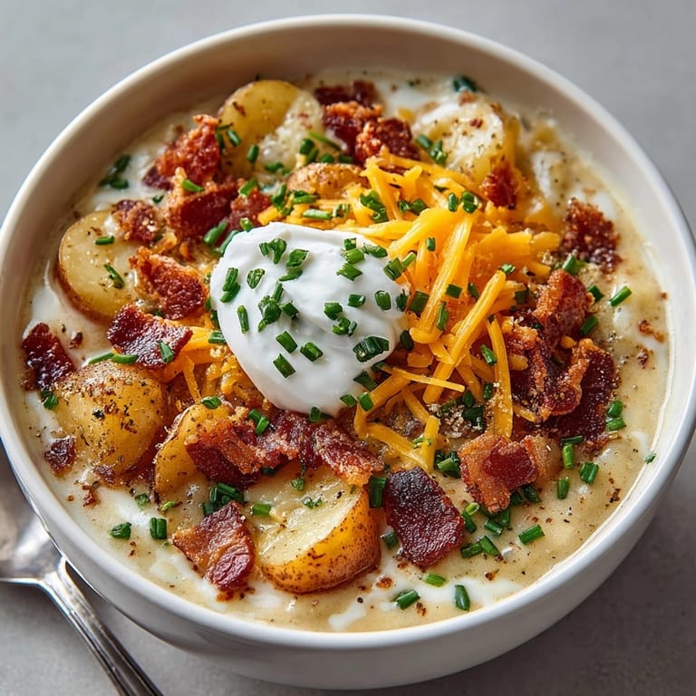 Comforting loaded baked potato soup recipe: A cheesy, hearty meal perfect for a chilly evening.