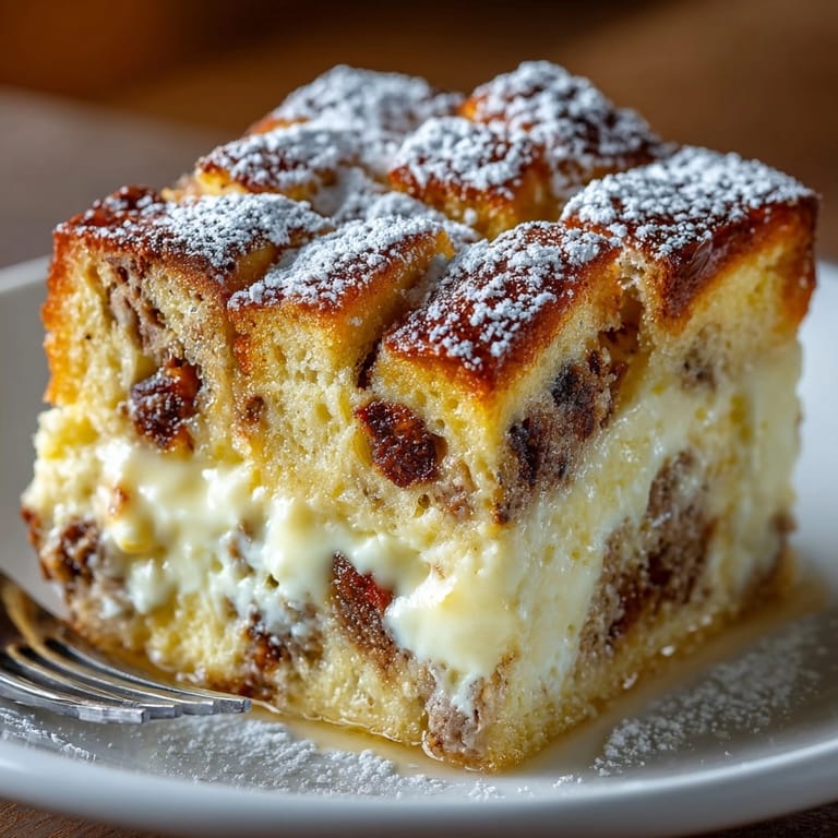 Warm, comforting Italian Panettone Bread Pudding, ready to serve with a dollop of gelato.