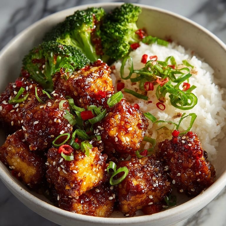 Close-up of flavorful General Tso&amp;rsquo;s Tofu, garnished with sesame seeds and green onions.