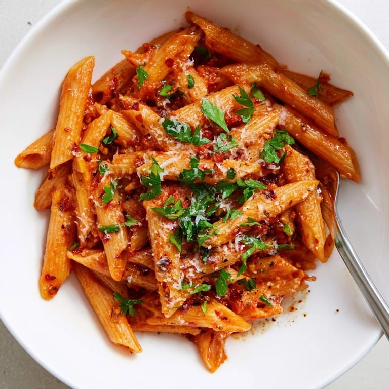 Close-up of homemade Spicy Arrabbiata Pasta: fragrant steam, chili flakes, herbs, ready to eat.