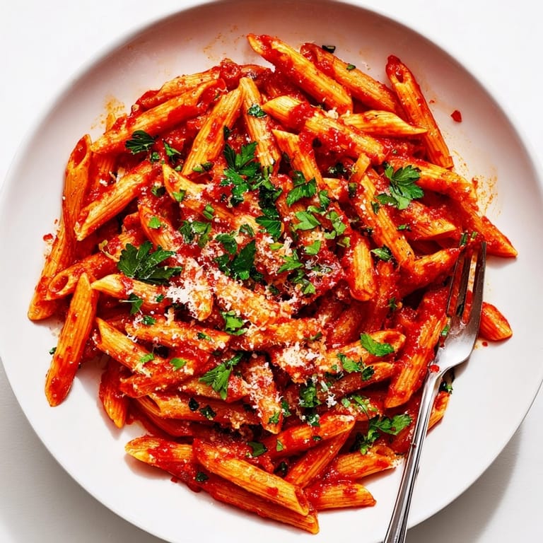 Classic Spicy Arrabbiata Pasta recipe, shown with bubbling tomato sauce and twirled pasta strands.