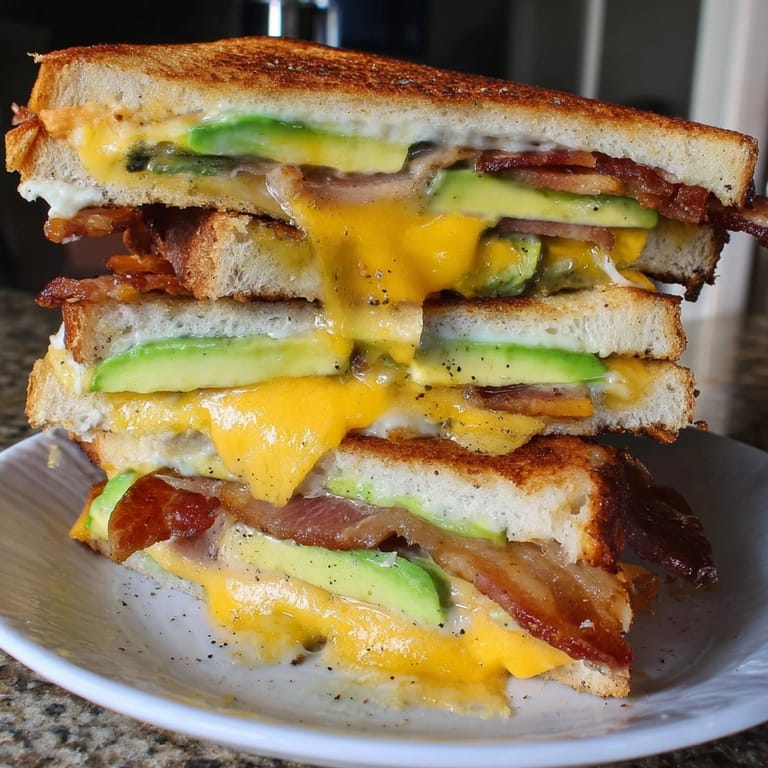 Close-up of Bacon Avocado Ranch Grilled Cheese: Each bite oozing with cheese and tangy ranch dressing.