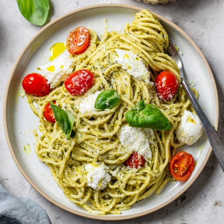 Easy Italian Pesto Pasta recipe being served with fresh burrata and basil, ready to enjoy.