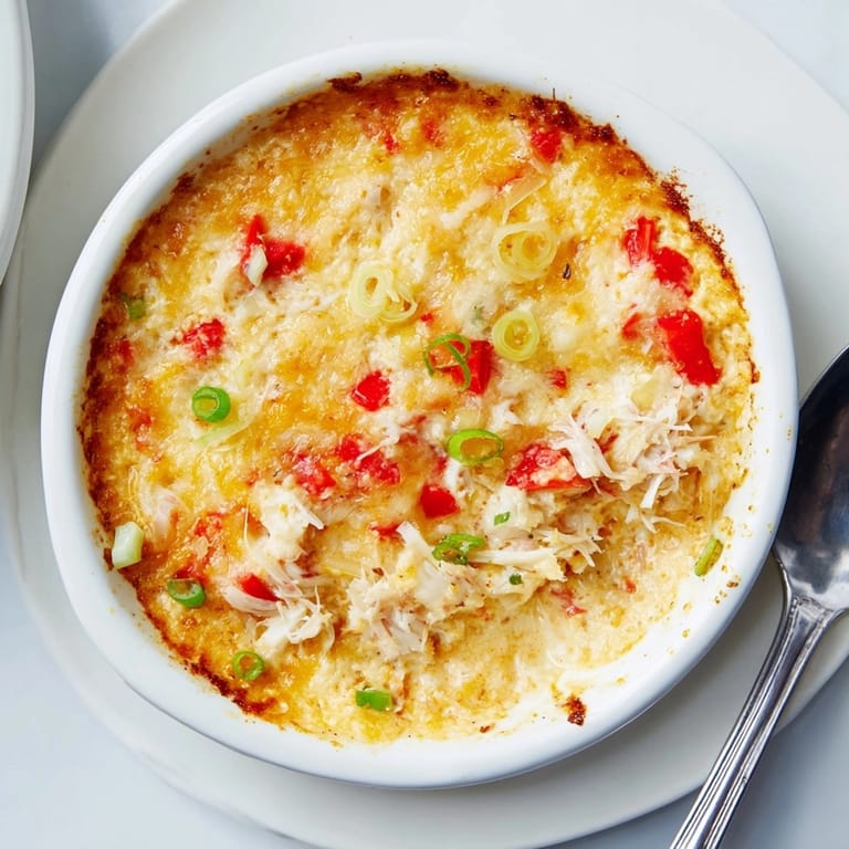 Close-up of warm Cheesy Cajun Crab Dip, featuring melted cheese and a sprinkle of paprika.