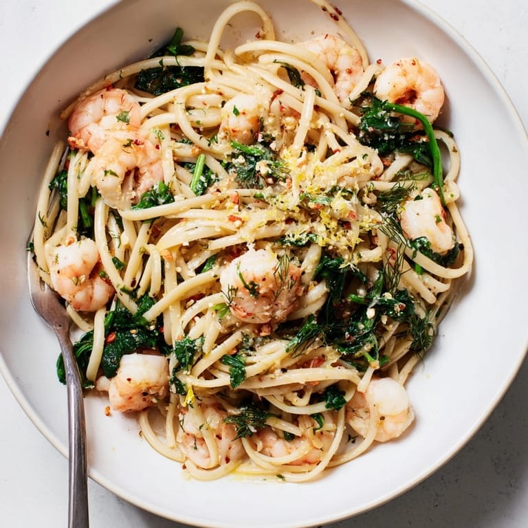 A steaming plate of Shrimp Spinach Herb Pasta, garnished with lemon and parmesan.