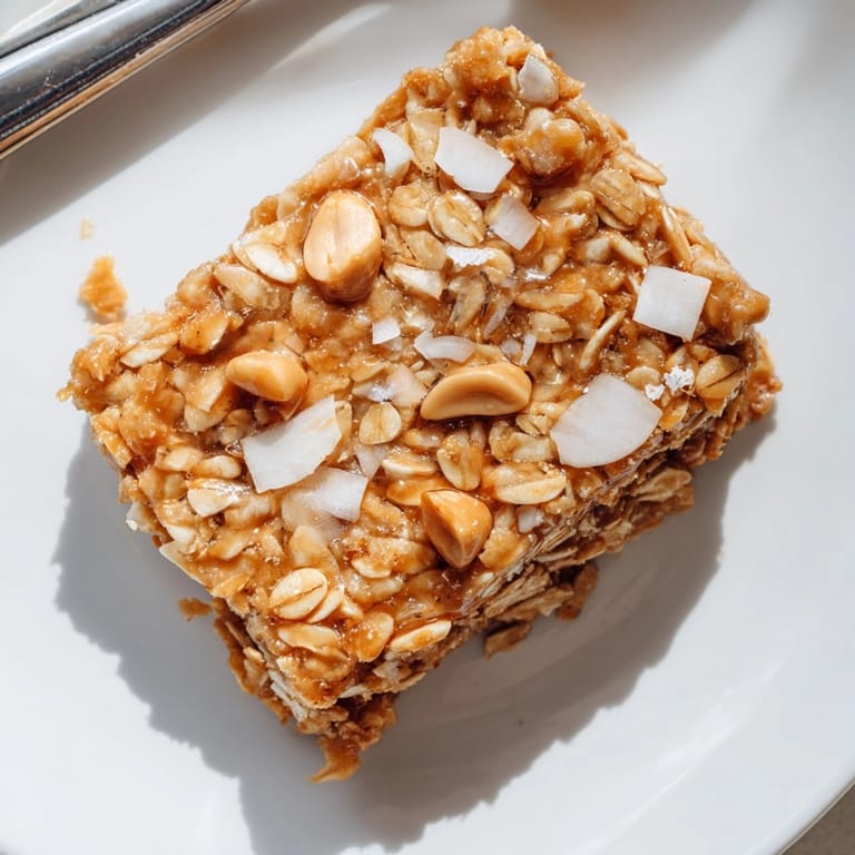 Close-up shows delicious Peanut Butter Flax Granola Squares loaded with oats and drizzled honey.