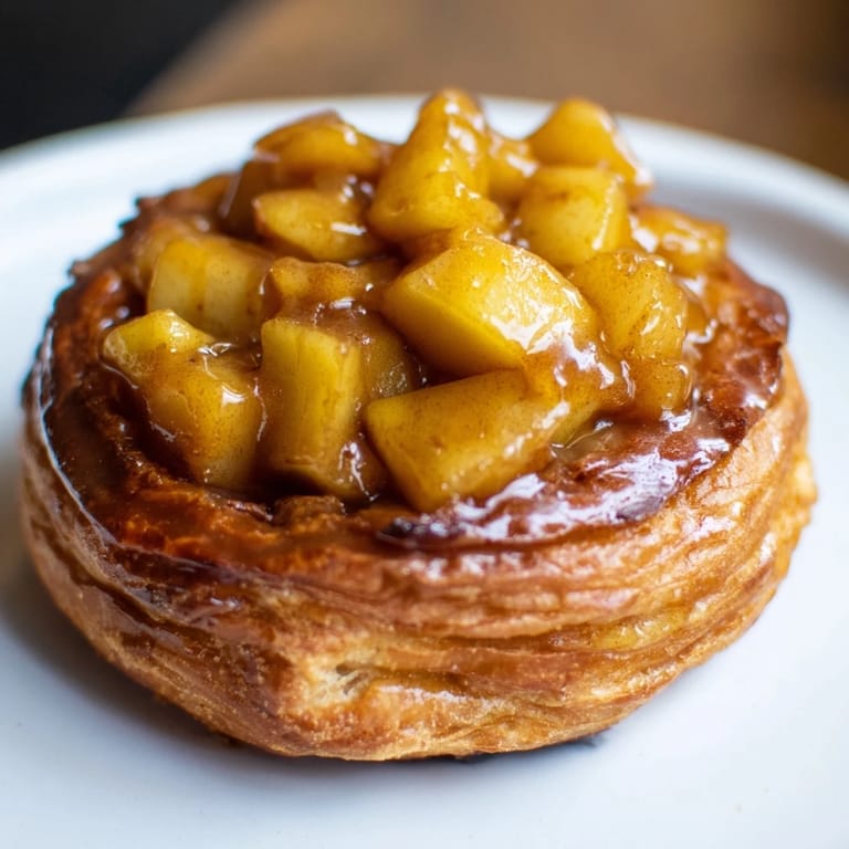 Golden-brown donuts filled with spiced caramelized apples, topped with sweet caramel sauce.