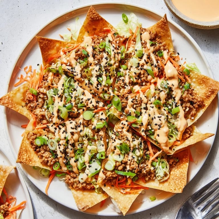 Deliciously layered Japanese Gyoza Nachos served with vibrant pickled ginger and carrots.  