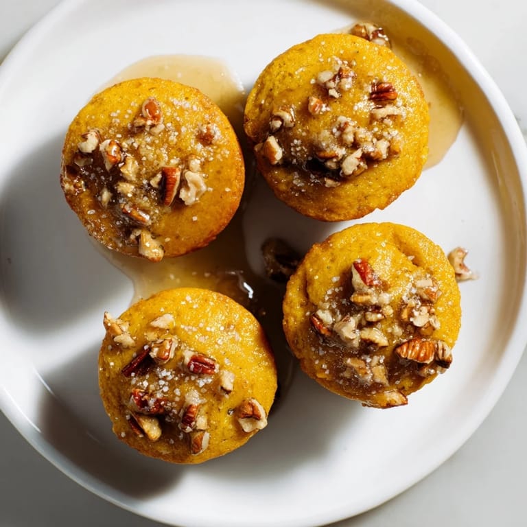 Fluffy muffin tops bursting with sweet potato flavor, topped with crunchy pecans and maple syrup.
