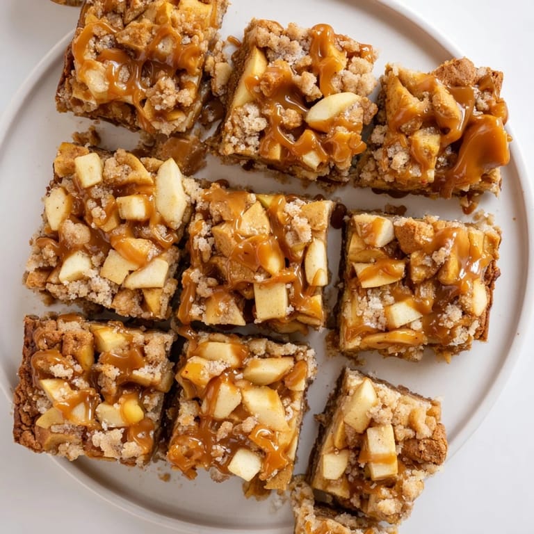 Delicious spiced caramel apple cookie bars topped with buttery crumble, ideal for gatherings.