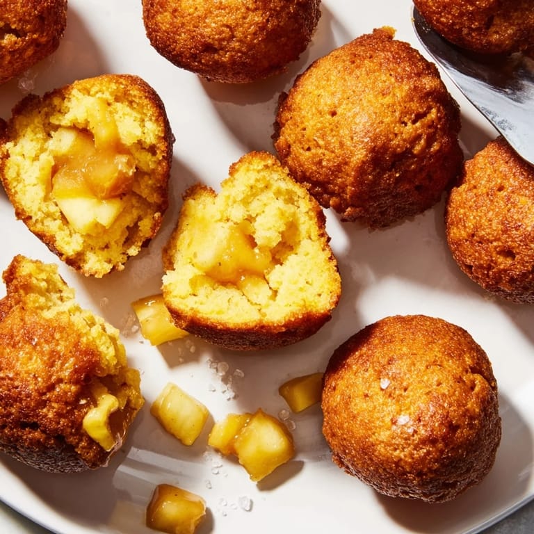Mini cornbread poppers filled with spiced apples and gooey caramel, simply irresistible!