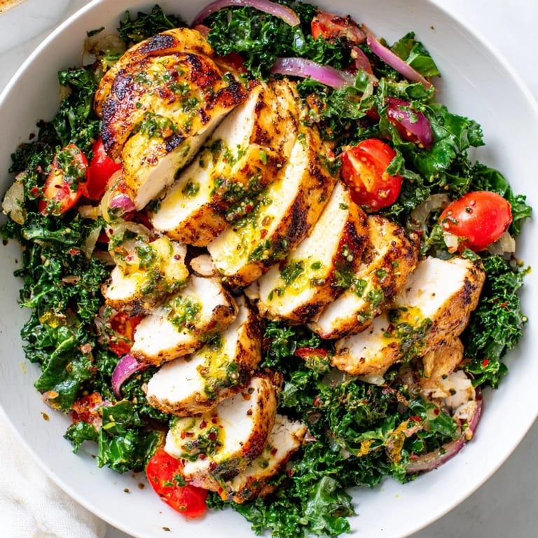 Colorful Chimichurri Grilled Chicken Bowl featuring rich garlic sauce and fresh tomatoes.  