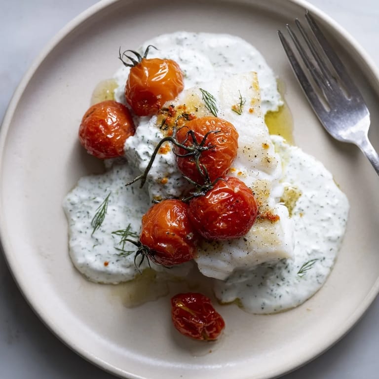 Zesty Grilled Cod topped with luscious creamy dill sauce and charred cherry tomatoes.