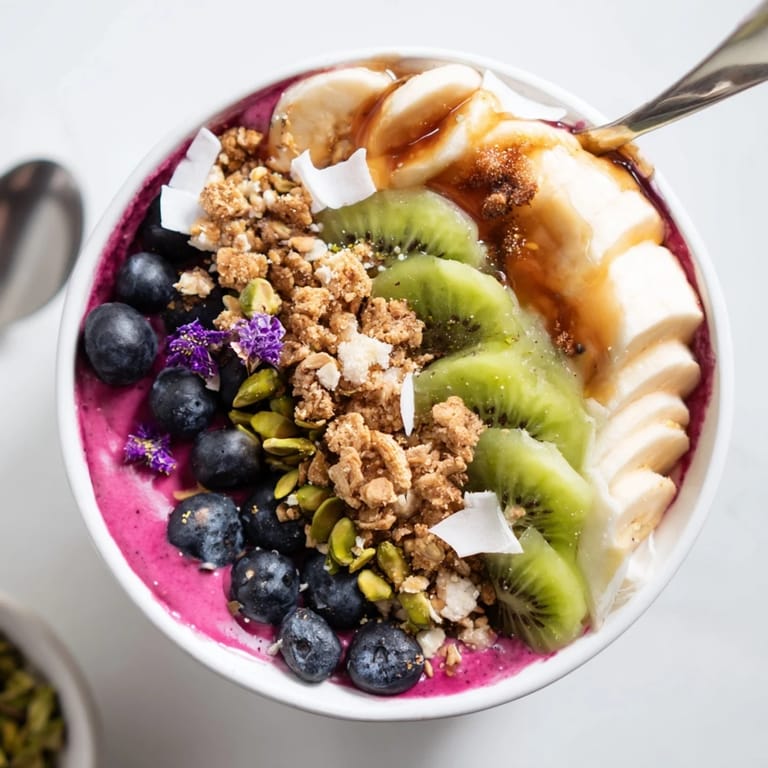 Delightful smoothie bowls with purple yam, strawberries, and edible flowers for garnish.