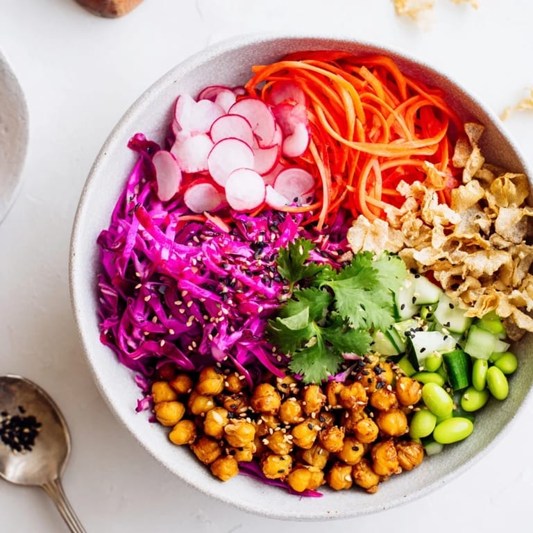 Crispy rice puffs and fresh herbs atop ASMR Crunch Snack Bowls ready to delight.  