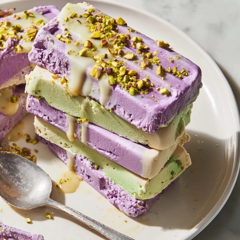 Vibrant ube & pistachio ice cream bars drizzled with sweetened condensed milk.