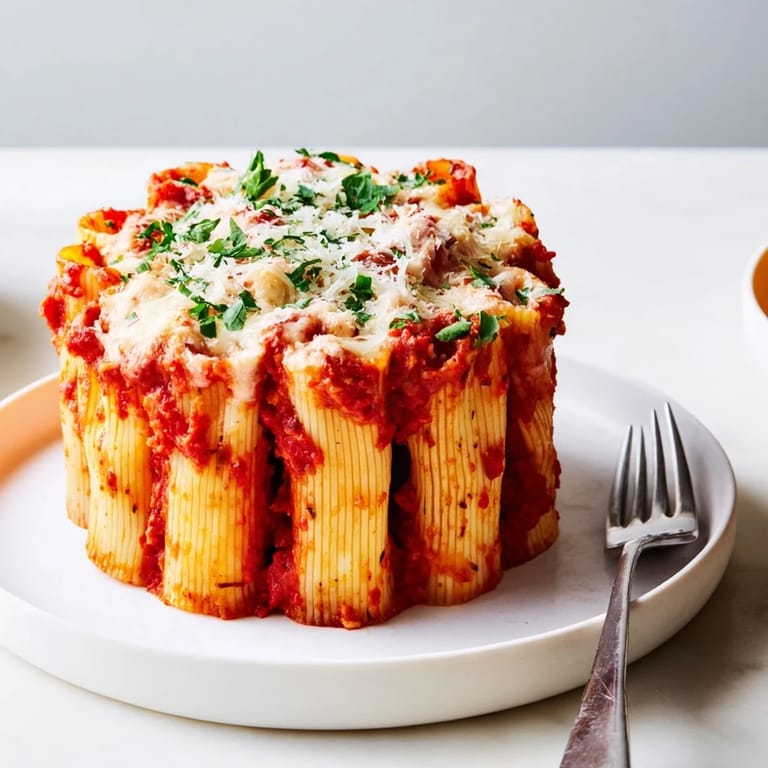 Delicious Honeycomb Pasta Cake showcasing rigatoni filled with rich tomato sauce.  