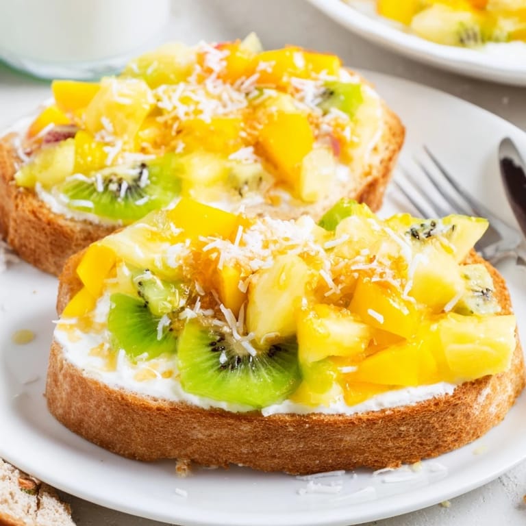 Decadent Yogurt-Custard Toast featuring coconut yogurt and colorful fruit for a delightful brunch.
