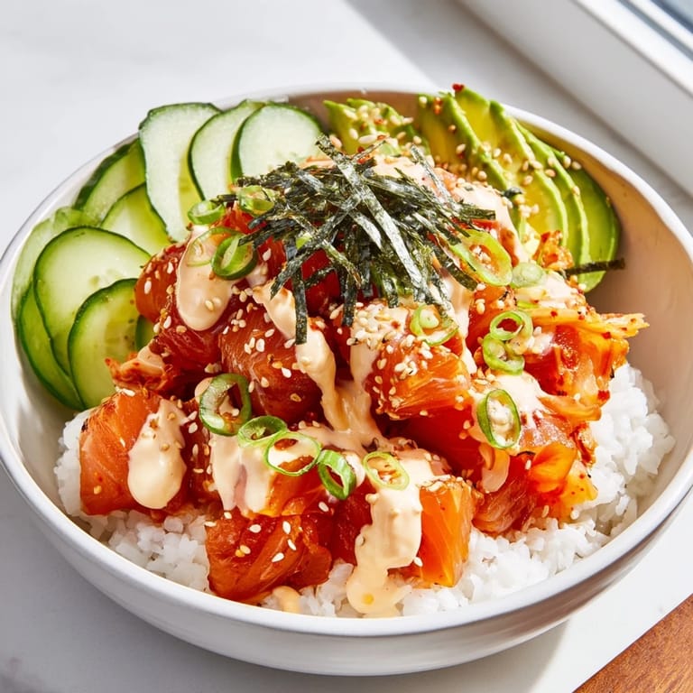 Delicious Crispy Salmon Rice Bowl featuring golden rice, spicy mayo, and crunchy cucumber.
