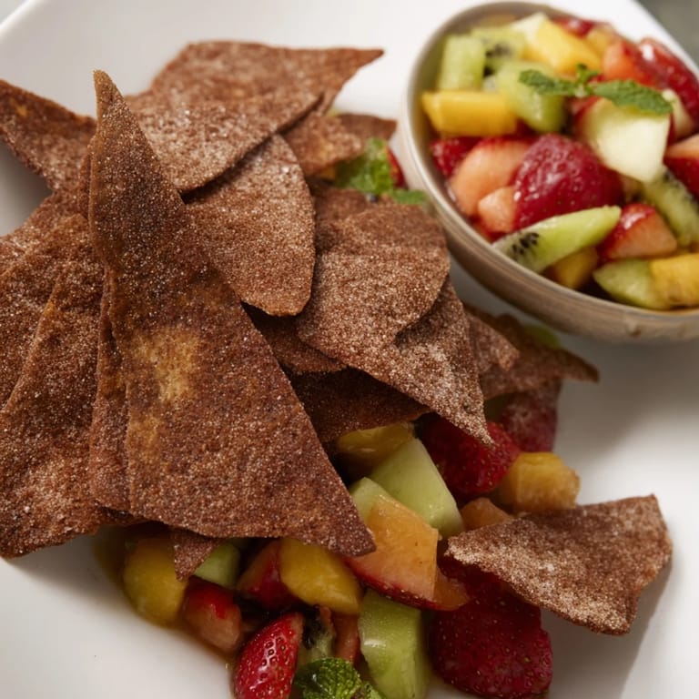Homemade chocolate tortilla chips paired with refreshing fruit salsa on a platter.