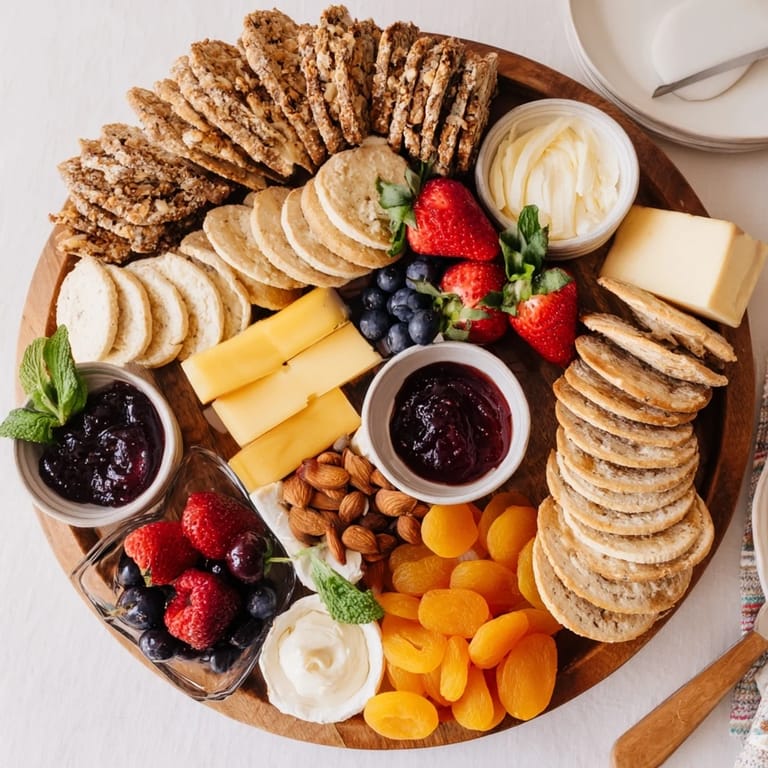 Vibrant jam-infused brunch board featuring fresh fruits and artisan cheeses.  