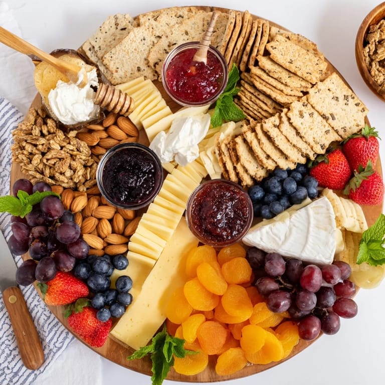 Sweet and savory jam-infused brunch board arranged on a rustic wooden platter.