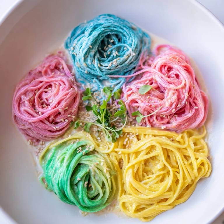Whimsical Neon Noodle Cloud featuring playful colors nestled in fluffy, creamy sauce.