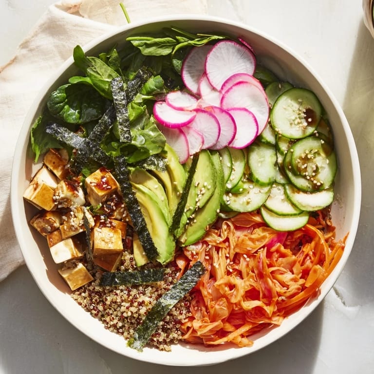Hearty fermented vegetable bowl topped with avocado, kimchi, and sesame dressing for flavor.