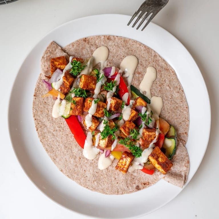 Delicious vegan viral recipe re-make wrapped in whole wheat pita, drizzled with sauce.  