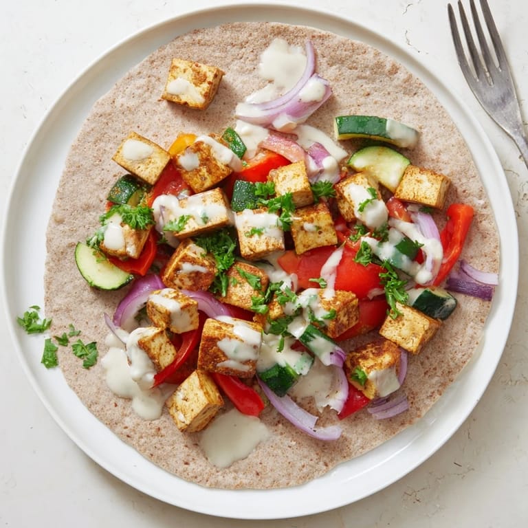 Roasted vegetables and tofu in a vibrant vegan viral recipe re-make on a plate.
