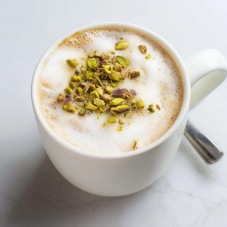 Homemade pistachio milk latte, garnished with crushed pistachios for an inviting touch.