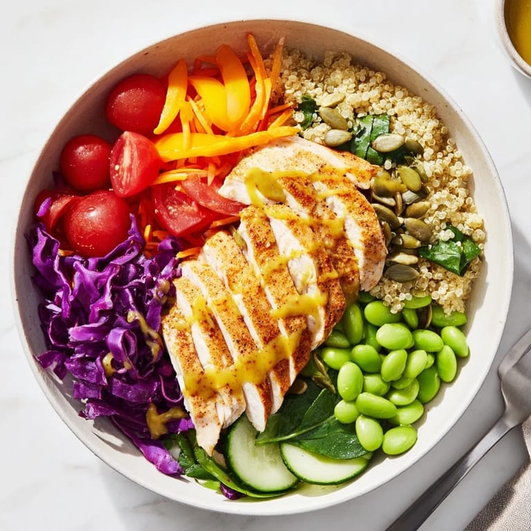 Nutritious meal-prep bowls with grilled chicken, colorful veggies, and zesty dressing drizzled.  