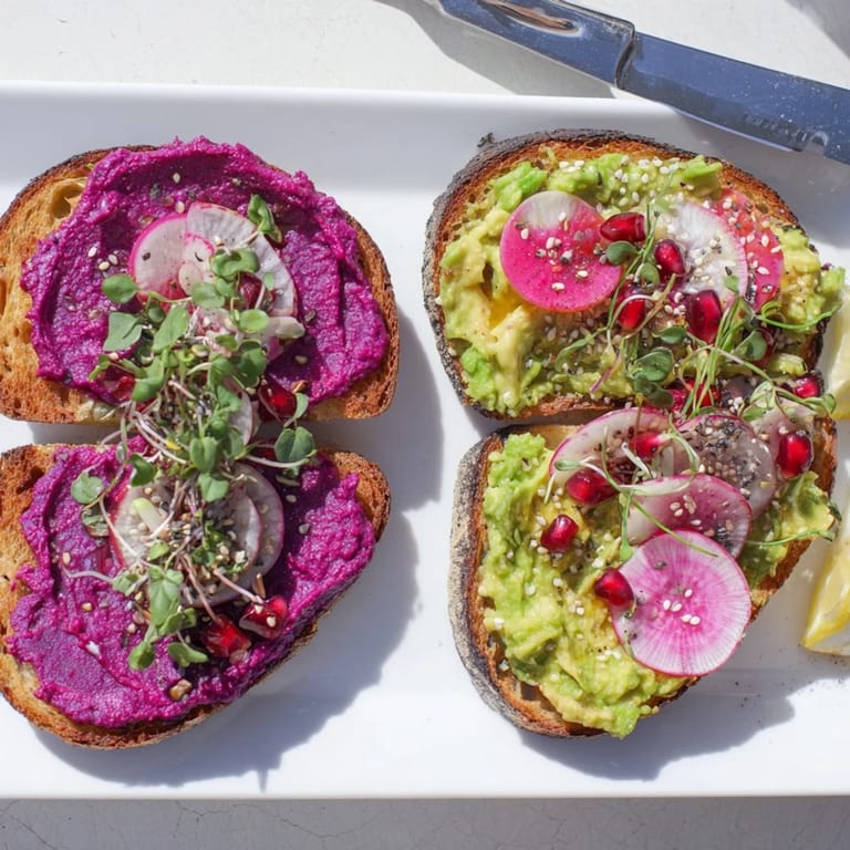Deliciously colorful breakfast toasts garnished with radishes, pomegranate seeds, and microgreens.