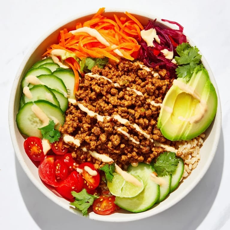 Savory plant-based meat bowl featuring vibrant vegetables and creamy spicy sauce.  