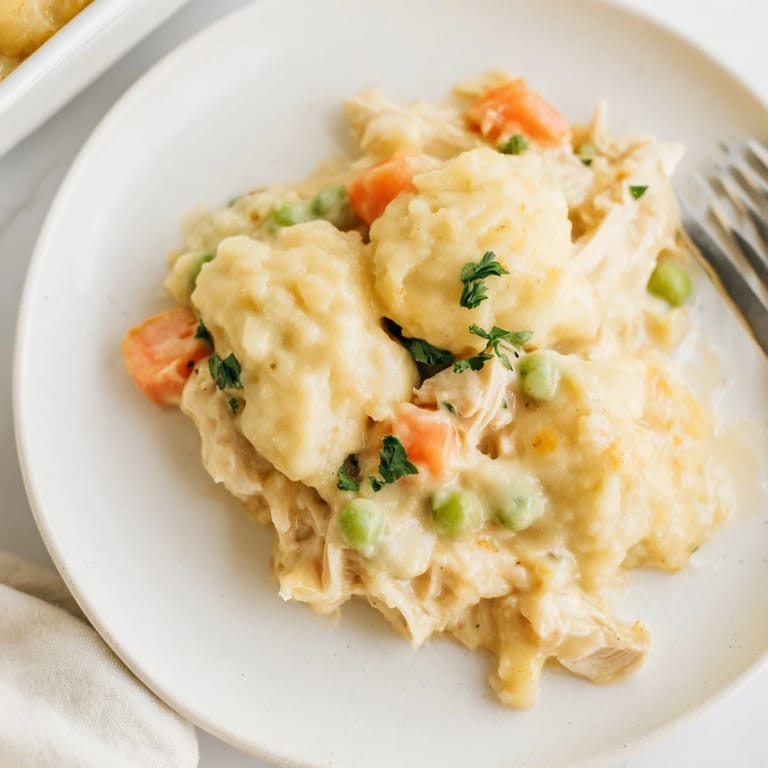Delicious Chicken and Dumplings Casserole served warm, featuring savory chicken and fresh veggies.  