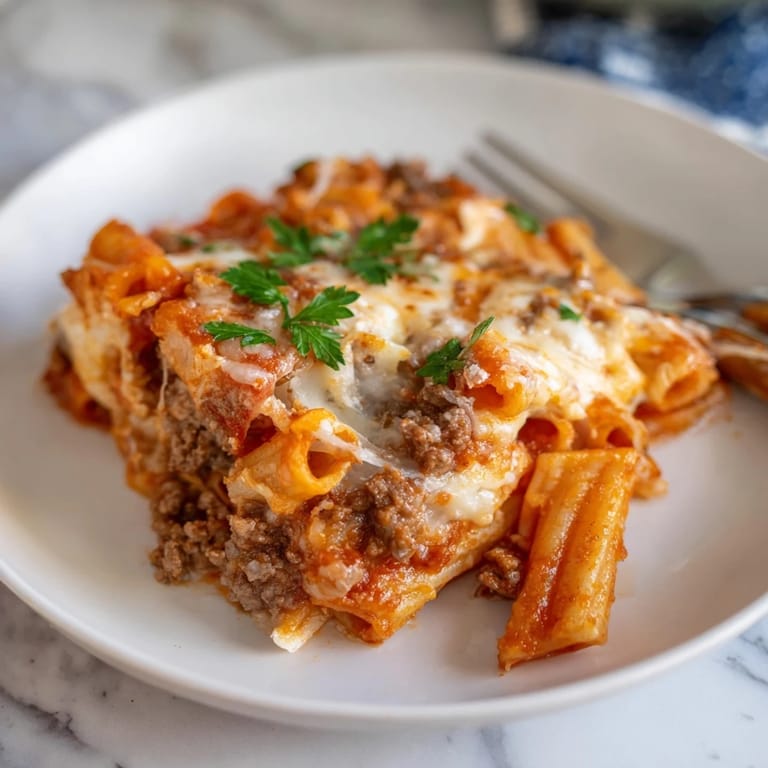 Delicious Baked Ziti with Meat Sauce served warm, ideal for cozy dinner nights.