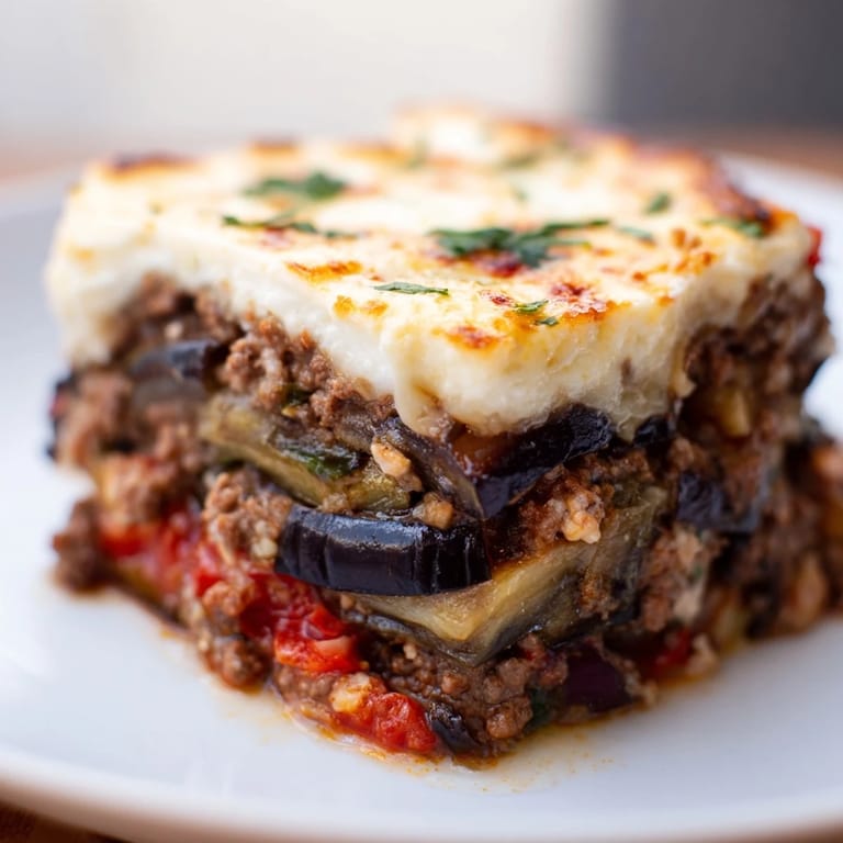 Warm, comforting Moussaka with Beef & Eggplant showcasing rich, spiced flavors.