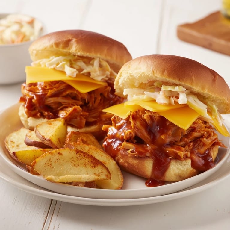 A close-up of delicious BBQ Chicken Sliders, next to a pile of golden-brown, inviting fries.