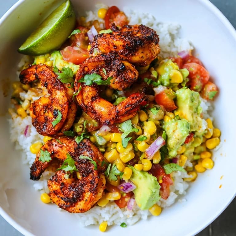 Flavorful blackened shrimp bowl, a gluten-free meal, served hot with fresh avocado corn salsa and lime wedges.