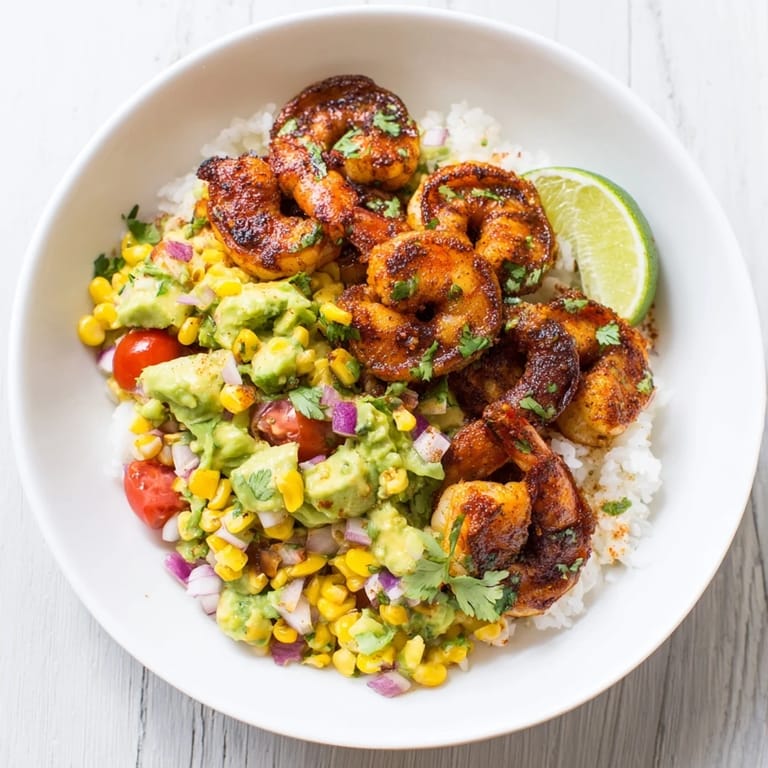 Juicy blackened shrimp nestled on rice, bright avocado corn salsa—a vibrant, Southwestern blackened shrimp bowl.