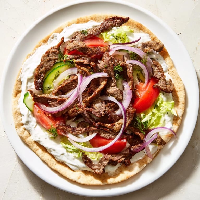 A close-up of a delicious beef shawarma wrap, ready to eat, with visible fillings and flatbread.