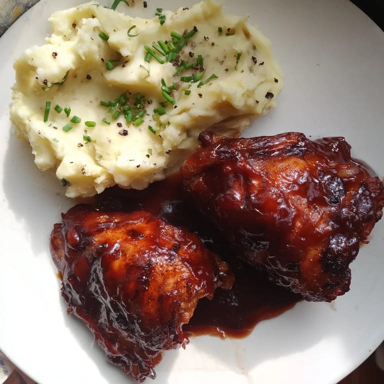Oven-baked honey BBQ chicken thighs, the skin crispy, paired with fluffy mashed potatoes; a comforting supper.