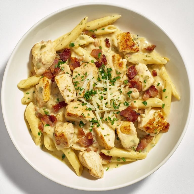 Tender chicken and bacon nestled in creamy Ranch Chicken & Bacon Penne, with a sprinkle of fresh parsley.