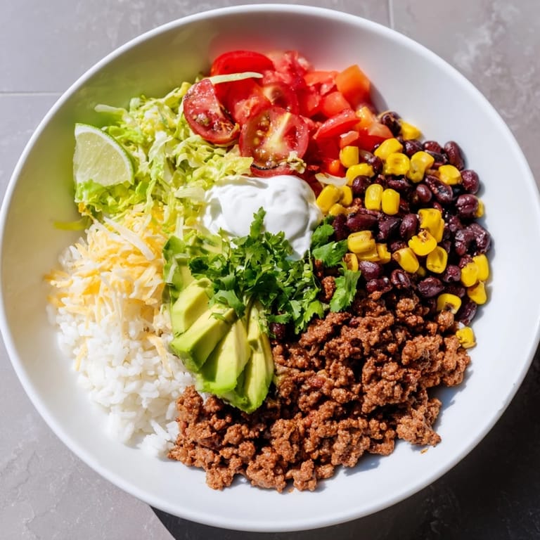 Delicious loaded beef burrito bowl, featuring savory beef, fluffy rice, and a colorful array of fresh toppings in a bowl.